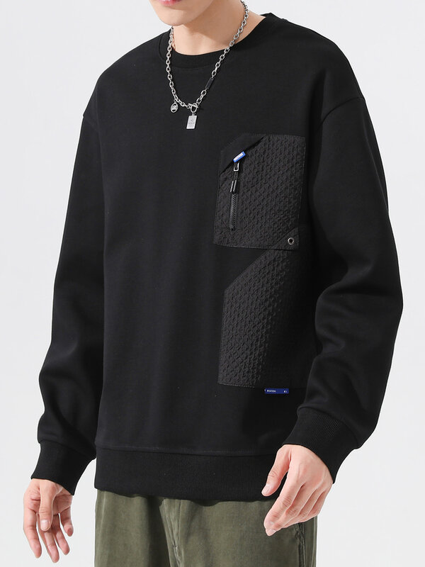 Plus Size Men's Sweatshirts Fashion Zip Pockets Drop Shoulder O-Neck Black White Oversized Pullover Hoodie Cotton Tops 8XL