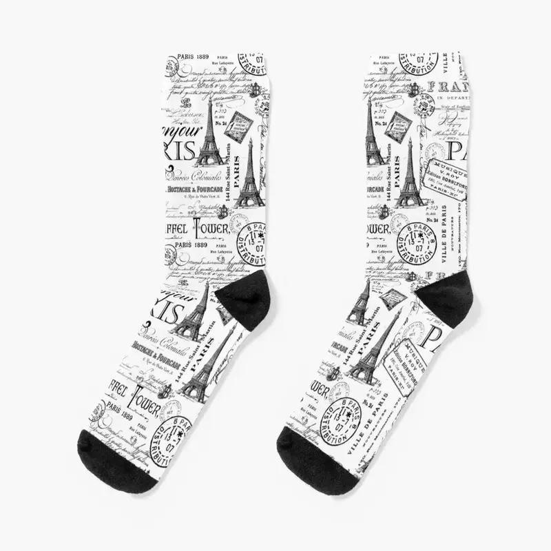 Vintage Paris Black And White Nostalgic Pattern Socks retro winter thermal soccer anti-slip gym Socks Woman Men's
