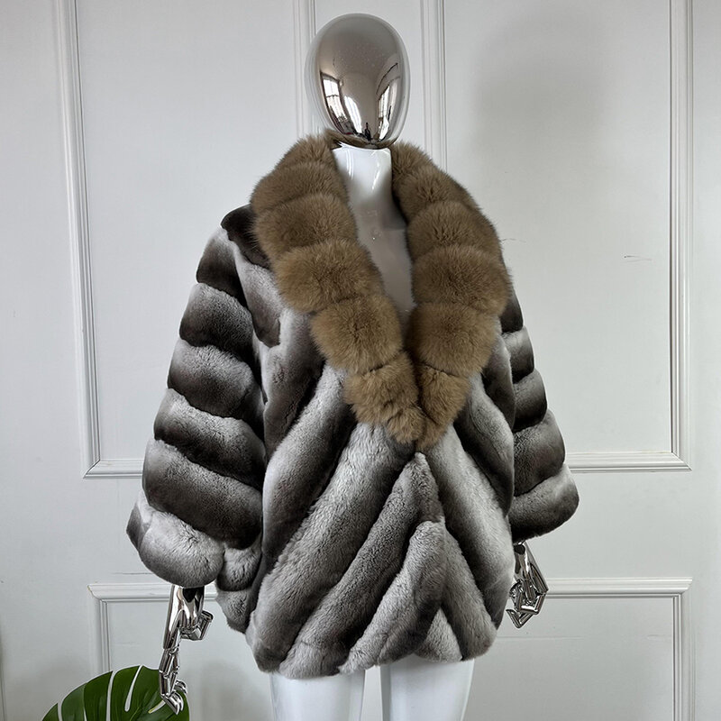 Real Rex Rabbit Fur Coat Chinchilla Fur Natural Fox Fur Collar Best Selling Winter Jacket Women Real Fur Coats
