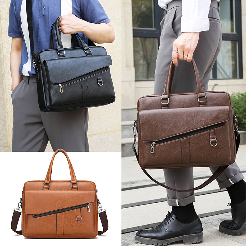 Tas koper besar untuk pria, tas kantor kulit PU tas tangan komputer Laptop dokumen bisnis tas selempang pria