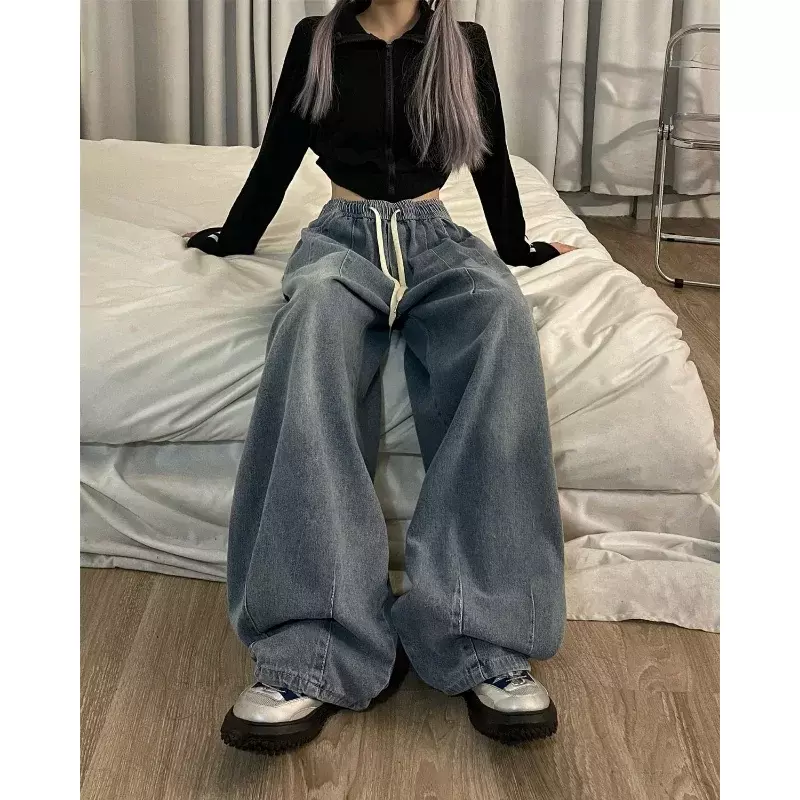 Jeans Baggy Vintage feminino, cintura elástica, calça jeans americana extragrande, streetwear de perna larga, calça básica reta, Y2k