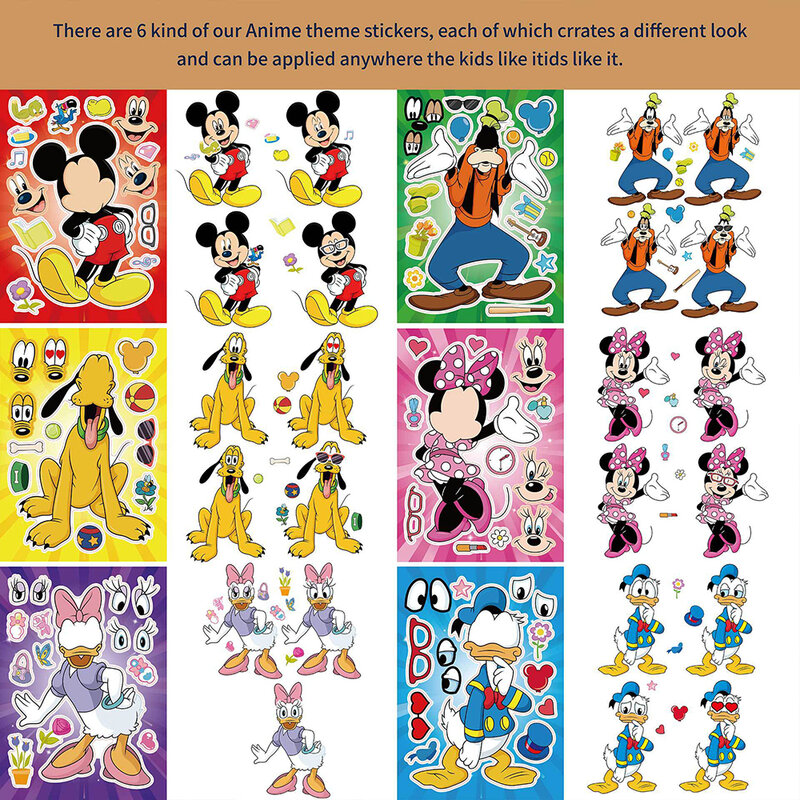 Pegatinas de rompecabezas de Disney para niños, juguetes de rompecabezas de Mickey Mouse, Pato Donald, juego divertido, regalo de fiesta, 6 o 12 hojas