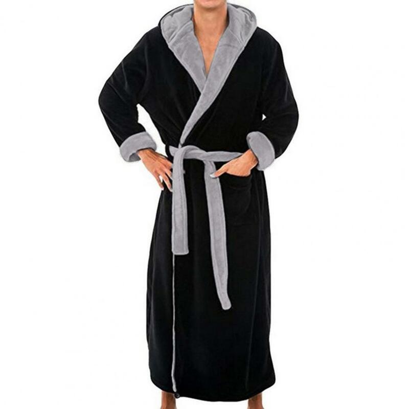 Gaun malam bertudung untuk pria, pakaian tidur jubah Midi pria hangat dengan sabuk yang dapat disesuaikan, pakaian rumah lembut