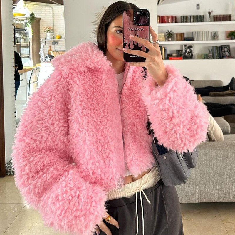 Winter Fashion Zipper Woman Warm Plush Coat Thermal Pink Jackets Long Sleeved Loose Coats Female Winter Ladies Casual Jacket
