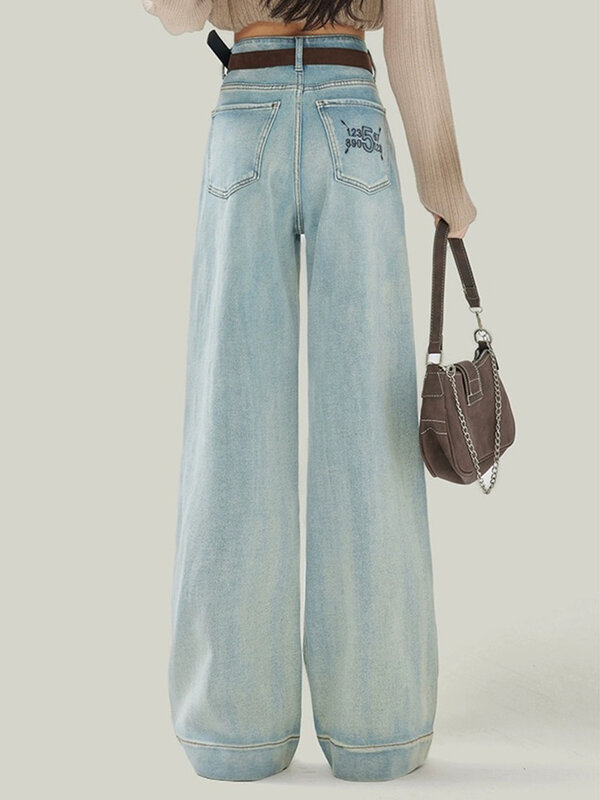 Hellblaue schicke Hose mit weitem Bein gerade weibliche Jeans mit hoher Taille neue einfache einfache lässige Mode einfarbige Baggy Jeans Frauen