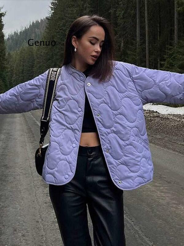 2022 inverno quente jaqueta feminina sólido curto bolso gola redonda roupas de algodão casual solto temperamento único breasted jaqueta