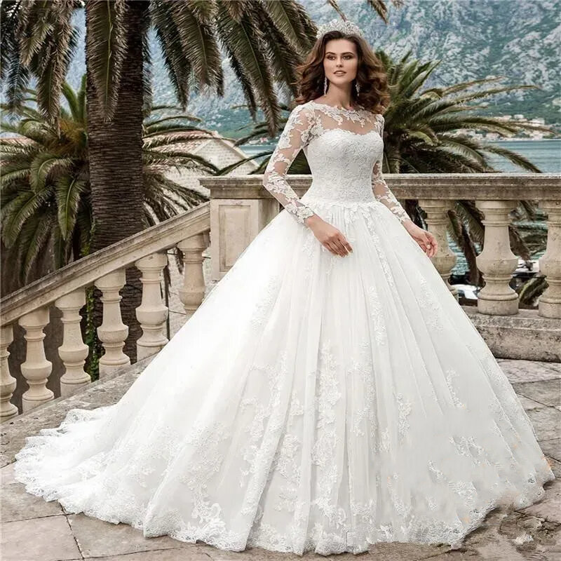 Elegant one-line wedding dress Sheer long sleeve tulle applique Beach Auditorium bridal dress with cinched back dress New
