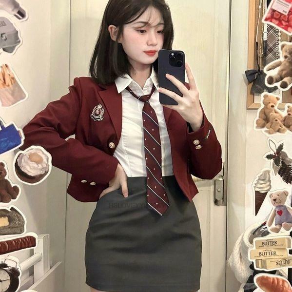 일본 한국 스타일 교복 소녀 레드 섹시 세트, 개량 대학 스타일 데일리 JK 교복 세트, 가을 신상