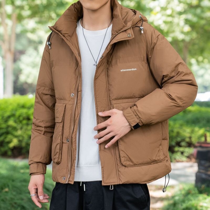 Jaqueta casual de pato com capuz masculina, tamanho grande, outwear quente, monocromática, moda masculina, nova tendência, inverno