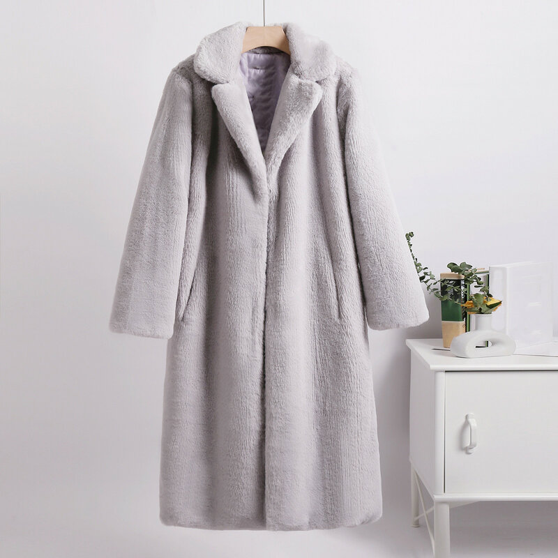Jaket bulu palsu wanita, mantel panjang berkerudung bulu tebal ramping hangat halus untuk musim dingin