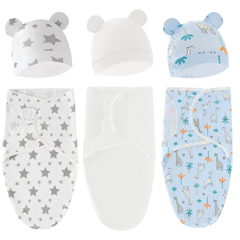 赤ちゃん用コットンモスリンブランケットと帽子セット,新生児用寝袋,調節可能,寝袋,0〜6m