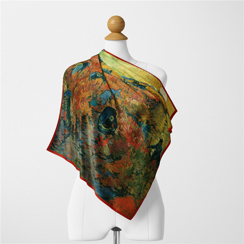 Van Gogh Red Vineyard Painting Twill Silk Scarf Woman 53CM Square Scarves Wraps Bandana Hijabs For Ladies Foulards Neckerchief