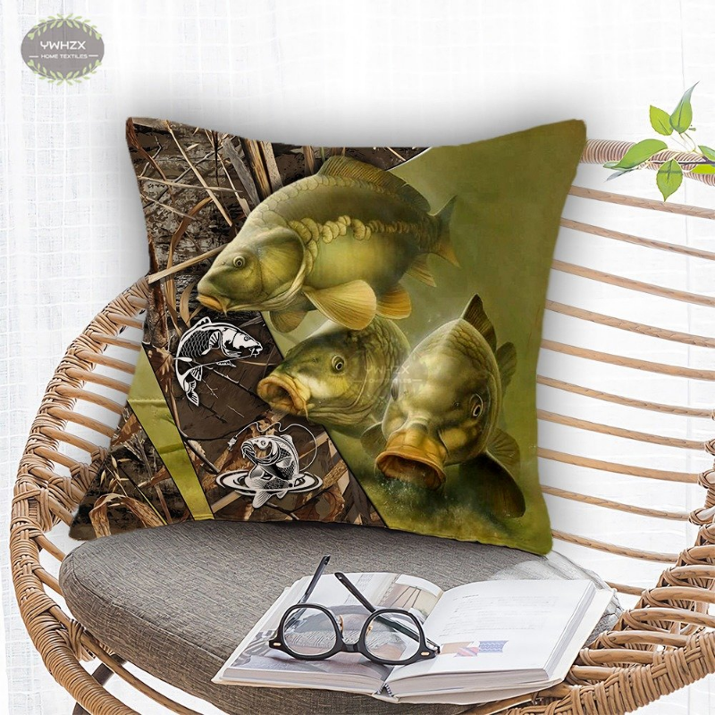 Bass Carp Pillow Case Fishing Cushion Peach Skin Comfortable Patterns Gifts Fish Printed Home Office Decorative Pillowcase Cover