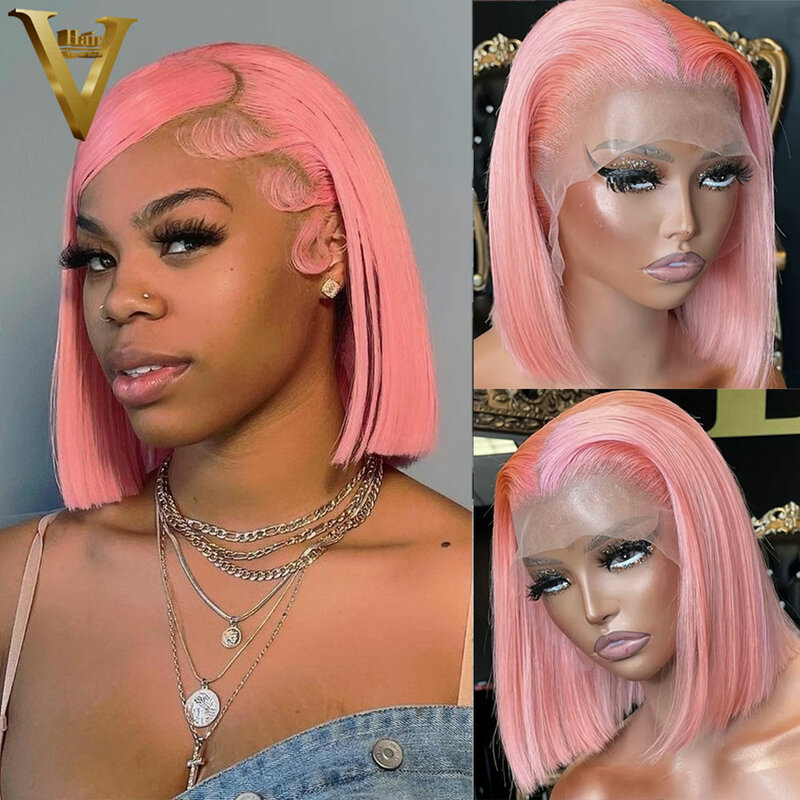 Peluca de cabello humano virgen Remy para mujeres negras, postizo de encaje Frontal transparente, Bob corte corto y liso, color rosa, 13x4