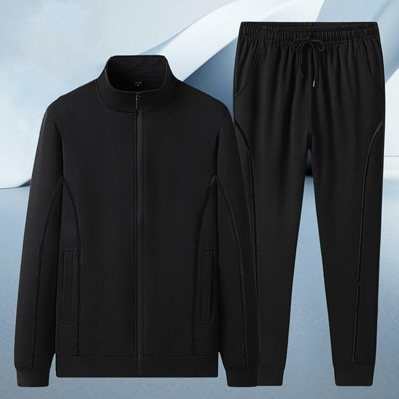 Activewear Men Sportswear Men's Winter Tracksuit with Stand Collar Zipper Closure Coat Drawstring Sweatpants Stylish for Autumn