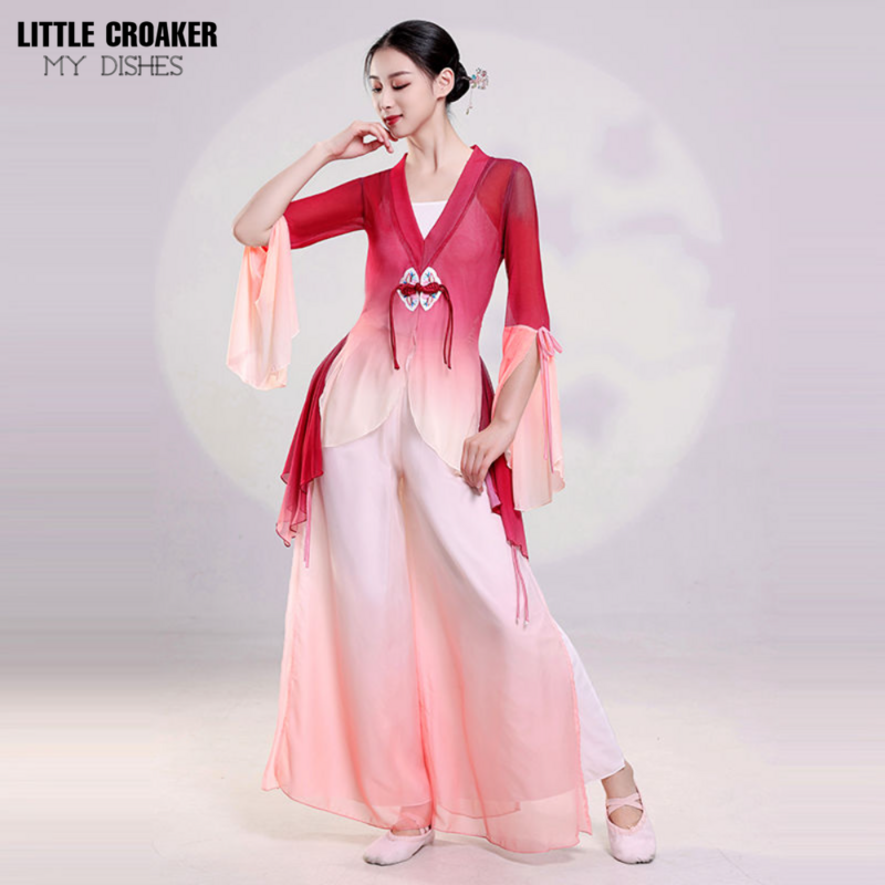 Traje de dança folclórica tradicional chinesa para mulheres, vestido de fios novos, roupas de dança gradiente, hanfu clássico