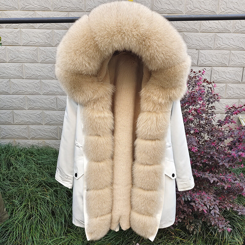 Zimowa nowa damska kurtka z prawdziwego futra lisa futrzany kołnierz naturalny królik wewnętrzna wkładka ciepła wyszczuplający płaszcz do połowy długości