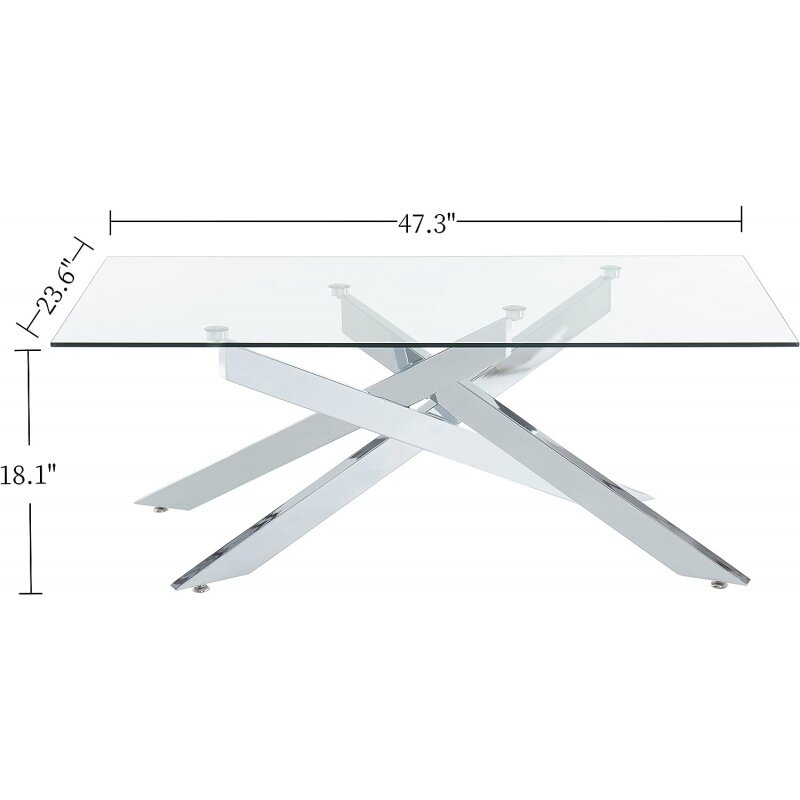 직사각형 모던 커피 테이블, 강화 유리 상단 및 금속 관형 다리, 47.3 인치 lx23.6 인치 wx18.1 인치 H, 실버