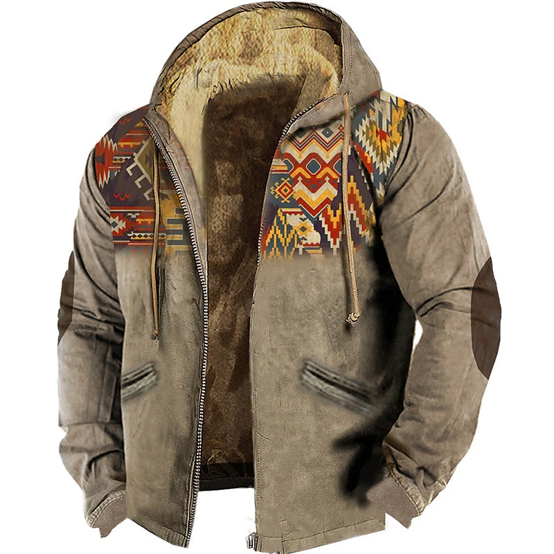 Kurtki zimowe męskie zapinane na zamek polar męskie płaszcze bluzy z kapturem Atezk etniczne plemię wyściółka Parka odzież