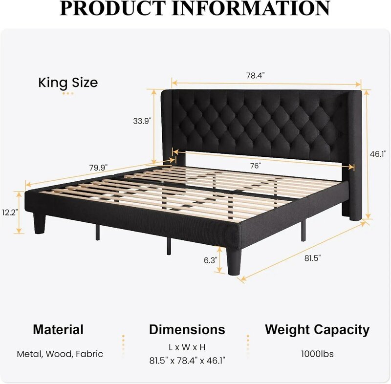 SHA CERLIN 킹 사이즈 플랫폼 침대 프레임, 덮개를 씌운 헤드보드 및 윙백, 단추 터프트 디자인, 쉬운 조립, 블랙