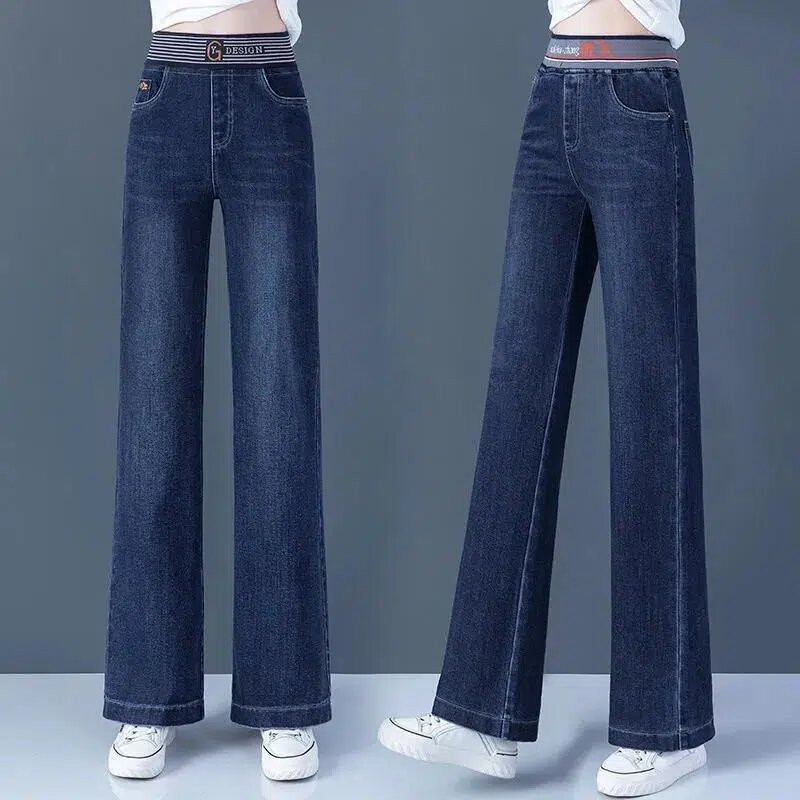 Moda elastyczny, wysoki talia proste dżinsy kobiety Patchwork Vintage szerokie nogawki Vaqueros wiosna do kostek biuro Baggy spodnie dżinsowe