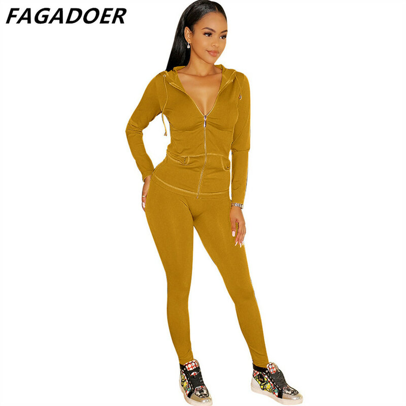 FAGADOER Solid Basic 2ชิ้นชุดชุดสตรีชุดสบายๆ Sporty ซิปเสื้อแขนยาว Hooded Coat + Bodycon หญิง Activewear