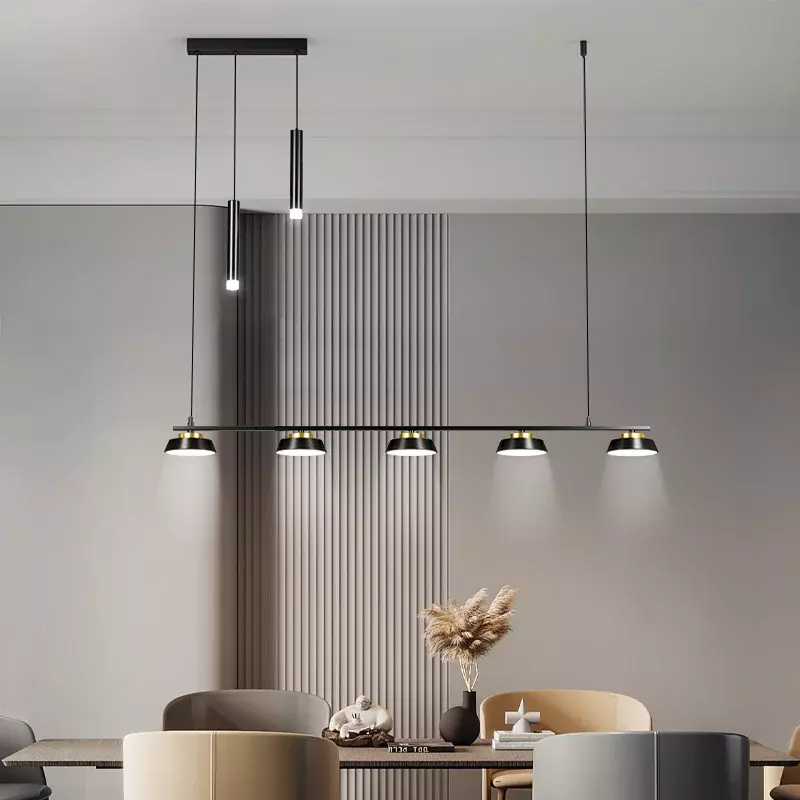 Simple Led Chandelier For Dining Room With Spotlight Kitchen Long Table Black Ceiling Hanging Pendant Lamp Neutral Light Decor