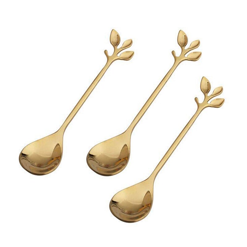 Sendok pengaduk kopi baja tahan karat cabang kreatif bentuk daun alat makan kreatif sendok makanan penutup, emas (10 buah)