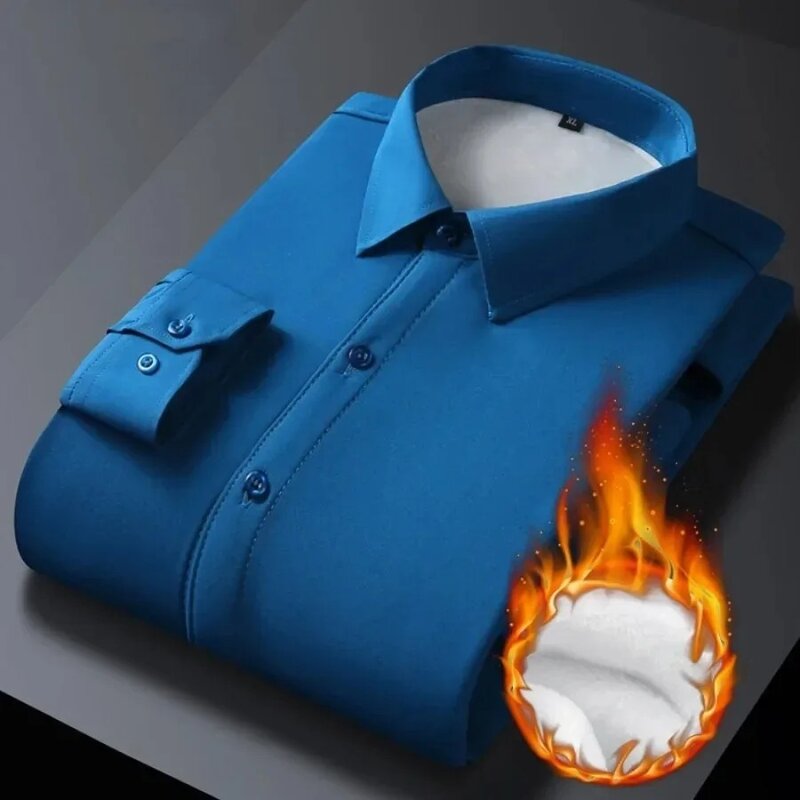 남성용 따뜻한 긴팔 셔츠, 두꺼운 플리스 캐주얼 비즈니스 원피스 셔츠, 남성 소셜 오버사이즈 셔츠, 가을 겨울, 5XL, 2024 신상