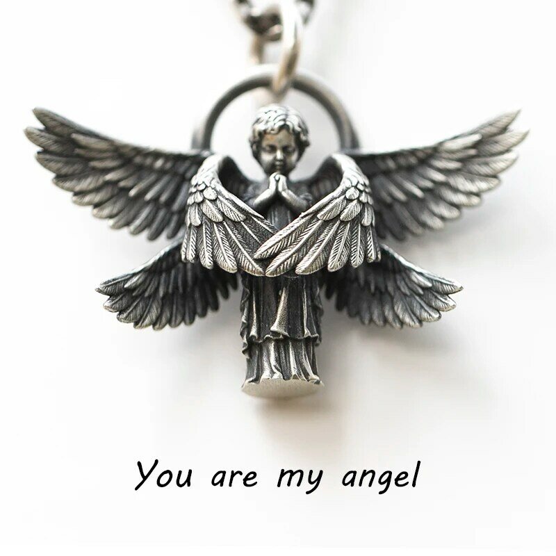 Classic Angel Wings Pendant Necklace Handmade Seraphim Pray Pendant Long Chain Neck for Men Women Jewelry Anniversary Gifts