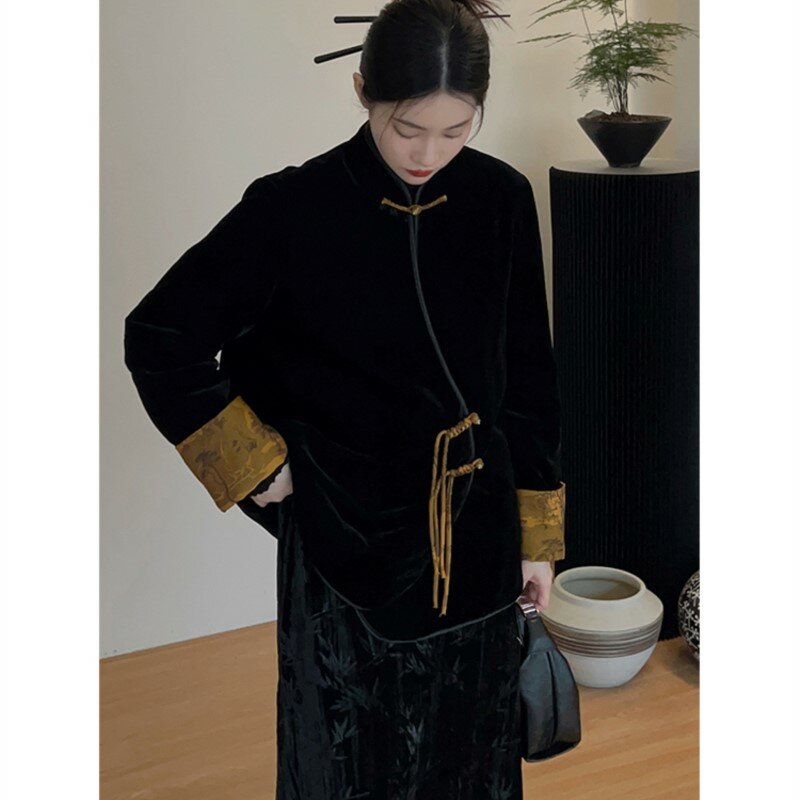 Nuovo stile cinese abbigliamento donna nazionale nero vestito gonna trapuntata imbottita donna