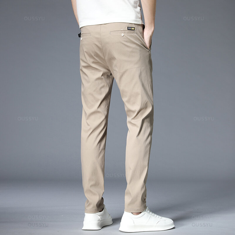 Spring Summer Casual Pants Men Thin Stretch Slim Fit Elastic Waist Business Classic Korean Trousers Male Khaki Gray 38