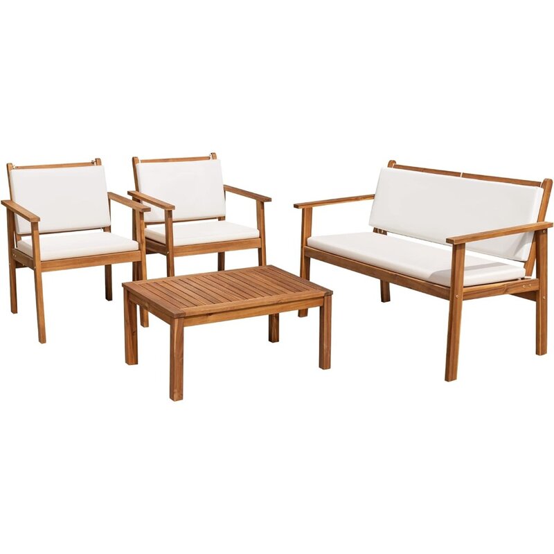 Patio Furniture 4 Piece Outdoor Acacia Wood Patio Conversation Sofa Set with Table & Cushions Porch Furniture for Deck