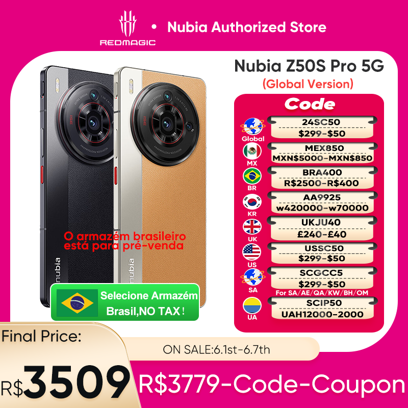 Доставка в Бразилию, без налога, Nubia Z50S Pro 5G Snapdragon 8 Gen 2, последняя версия, 6,78 дюйма, двойная камера 50 МП, быстрая зарядка 80 Вт