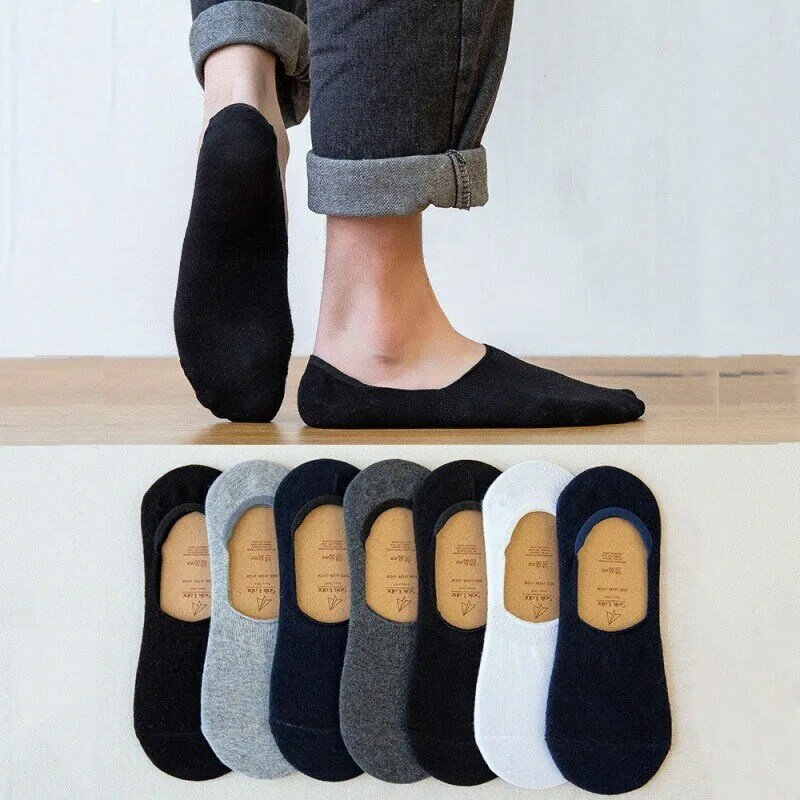 5 Pairs Summer Men's Solid Color Boat Socks High-quality Silicone Non Falling Invisible Thin Breathable Comfortable Cotton Socks