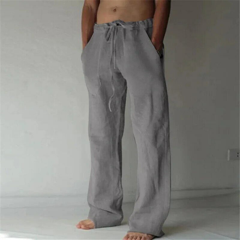 2023 nowe męskie bawełniane lniane spodnie letnie jednolite kolorowe spodnie oddychająca lniana męskie casualowe elastyczne spodnie do fitnessu w talii