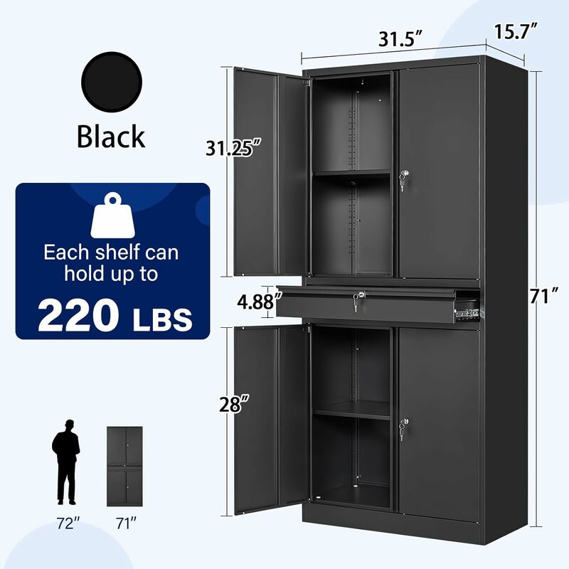 Yizosh ตู้เก็บของโลหะโรงรถพร้อมประตูล็อคและชั้นวางแบบปรับได้ตู้เก็บอุปกรณ์มี1ลิ้นชัก-เหล็ก71 "LO