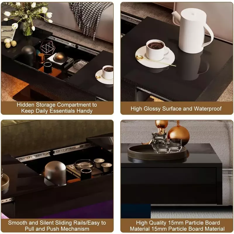 Tavolino, LED per soggiorno, piano scorrevole con contenitore nascosto, moderno lucido, tavolino da caffè
