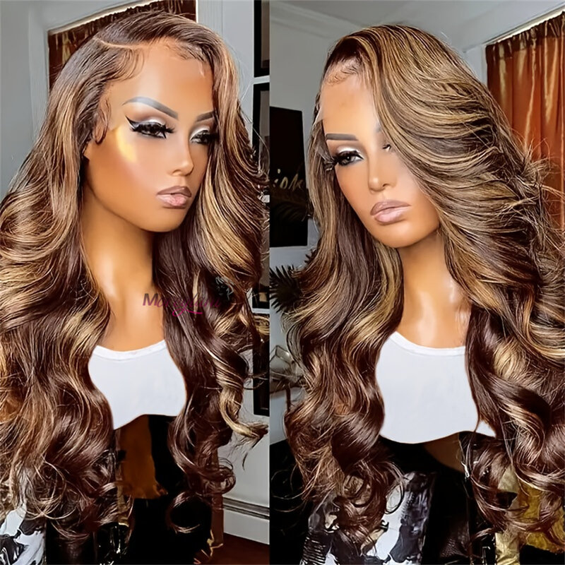 Honey Blonde Lace Front Perucas para Mulheres, Highlight Ombre, Body Wave, Transparente Lace Wig, Cabelo Humano, 4/27, 13x4