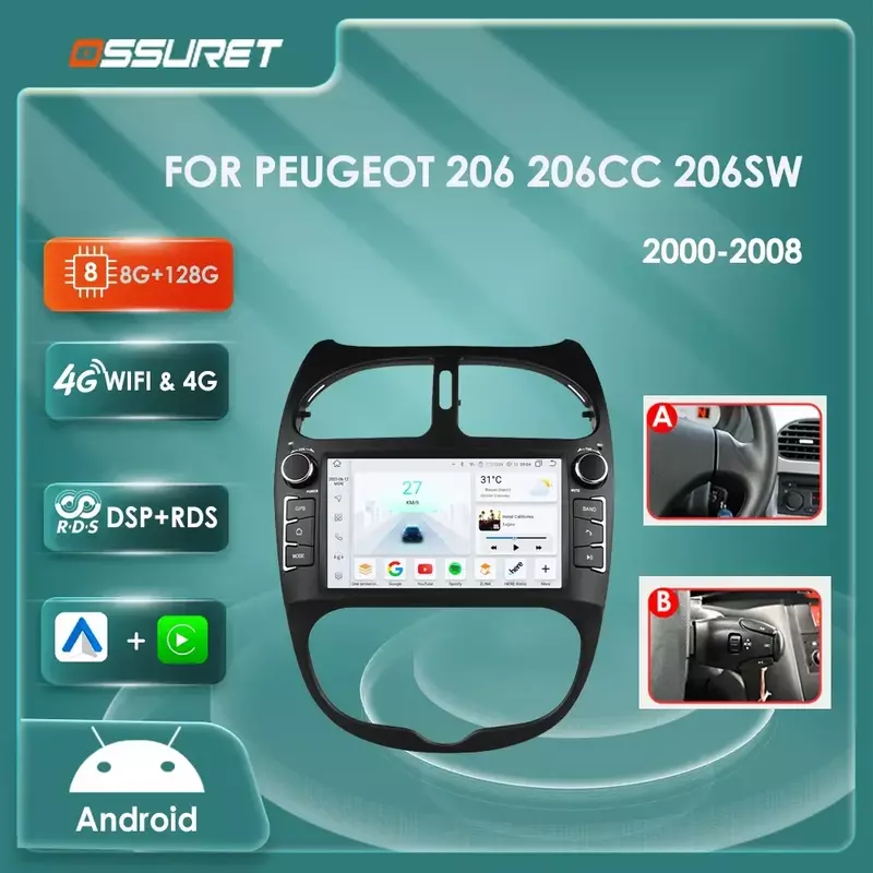 Rádio de carro Android 12 para Peugeot, Autoradio, leitor multimídia, GPS Navi, vídeo, 206, 206CC, 206SW, 2000-2005, 2006, 2007, 2008, 7862, 2Din