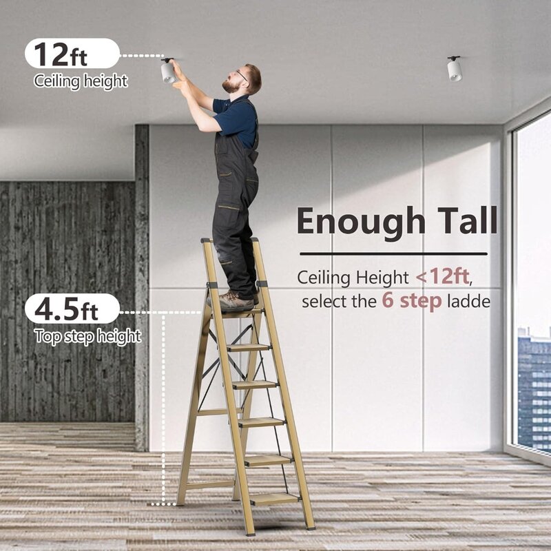 GameGem 6 Step 18.89"Wx77.36"H Ladder for 12 Feet High Ceiling, Lightweight Aluminum Folding Step Stool with Convenient Handgrip