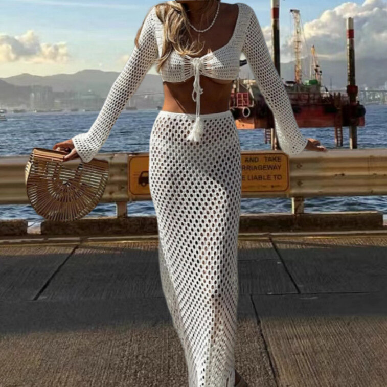 Женский трикотажный пляжный костюм, Европейский ажурный комплект из 2 предметов, укороченный Топ с длинным рукавом и шнуровкой и длинная юбка с высокой талией на лето