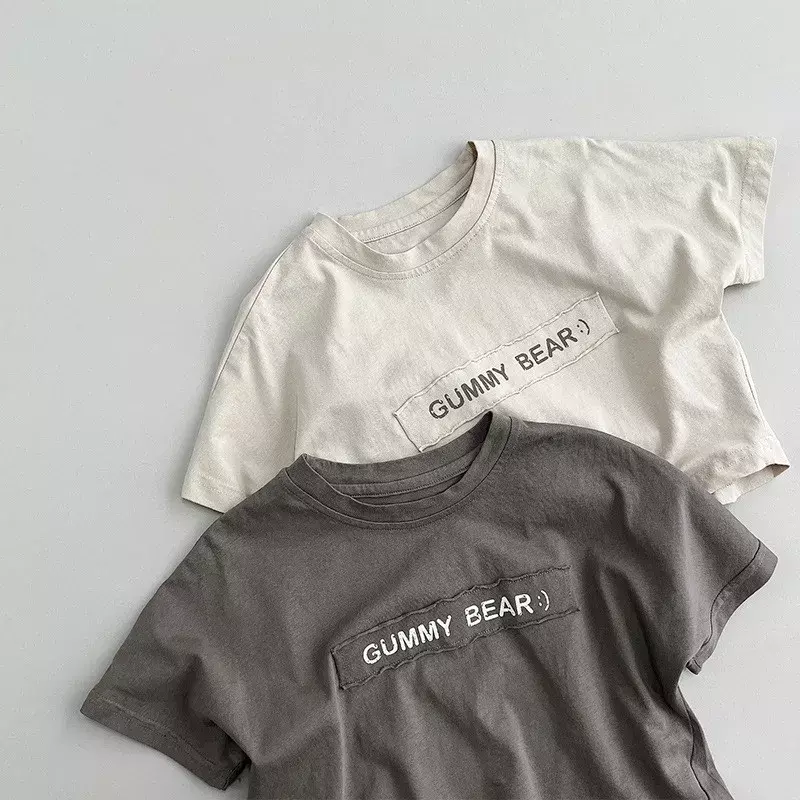 Camiseta infantil de manga curta com letras estampadas, camiseta de algodão, blusa casual, roupas infantis, meninos e meninas, novo, verão, 2022