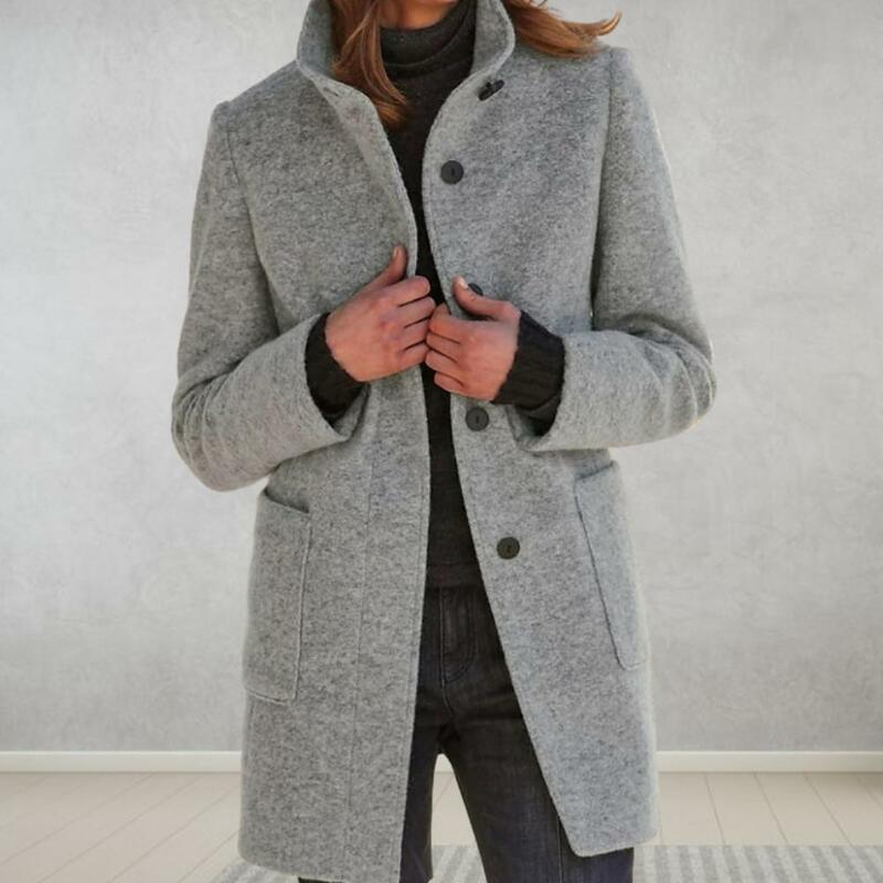 Женская однотонная куртка, Стильное женское осенне-зимнее пальто со стоячим воротником, мягкое теплое однотонное пальто средней длины с добавлением