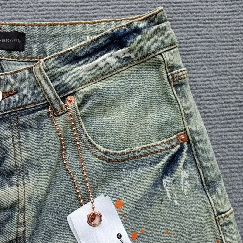 Marca de jeans masculina de alta qualidade com bordas de rebarba vintage, shorts jeans lavados, cintura baixa, calça skinny, reparação, nova