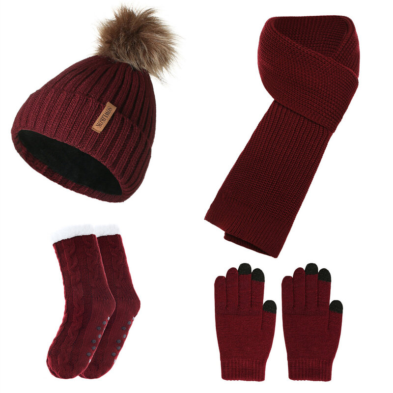 Набор из 4 шт. шапка шарф перчатки носки зимние трикотажные сохраняющие тепло Мягкие плотные рождественские флисовые для мальчиков и девочек Новогодний подарок 2024
