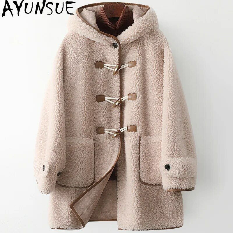 AYUNSUE Elegant 100% Sheep Shearing Jacket Women Hooded Winter 2023 Wool Coats Mid-length Casual Fur Coat Jaqueta Feminina
