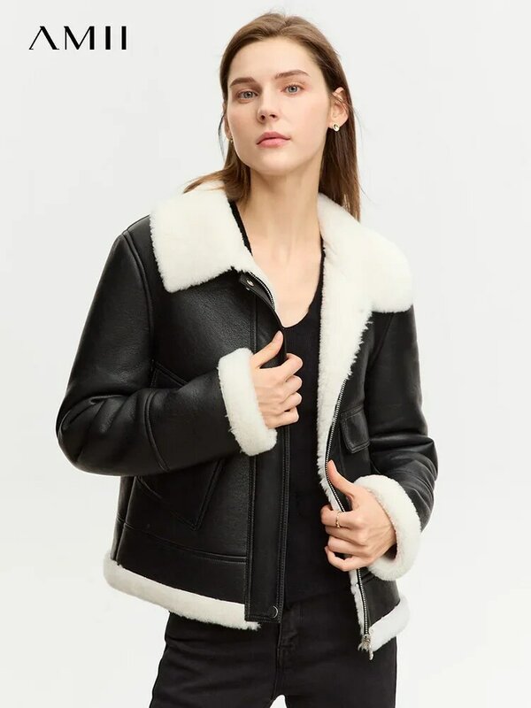 AMII minimalistyczna francuska sztuczna skóra w stylu Vintage dla kobiet 2023 nowa gruba ciepła kurtka klapa PU wełna futrzana zimowa odzież wierzchnia 12354061