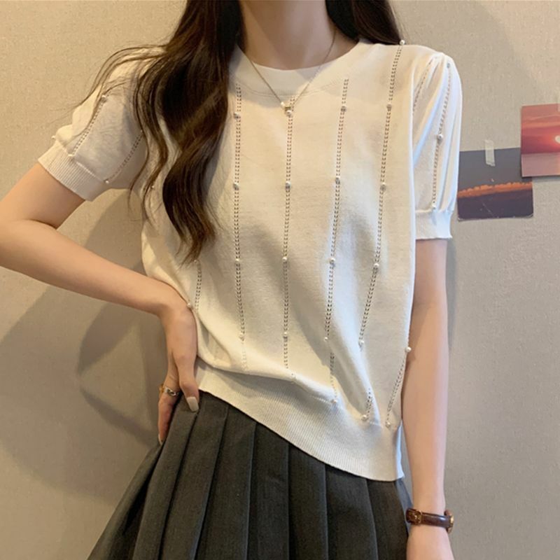 Temperament Commuting Summer Solid Women's Round Neck Hollow Out Embroided Flares Fashion Casual Short Sleeve Loose Knitting Top