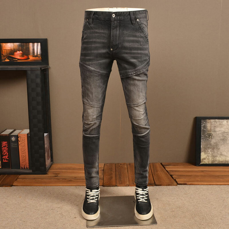 High Street Fashion uomo Jeans Retro nero grigio Stretch Slim Fit impiombato Designer Biker Jeans Homme Hip Hop Denim pantaloni Punk da uomo